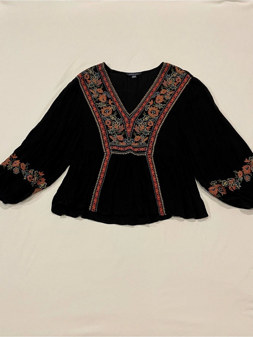 American Eagle Black V-Neck Embroidered Floral Peasant Tunic